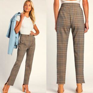 🦋 LULUS Plaid It So Good Beige and Blue Plaid Straight Leg Trouser Pants Medium